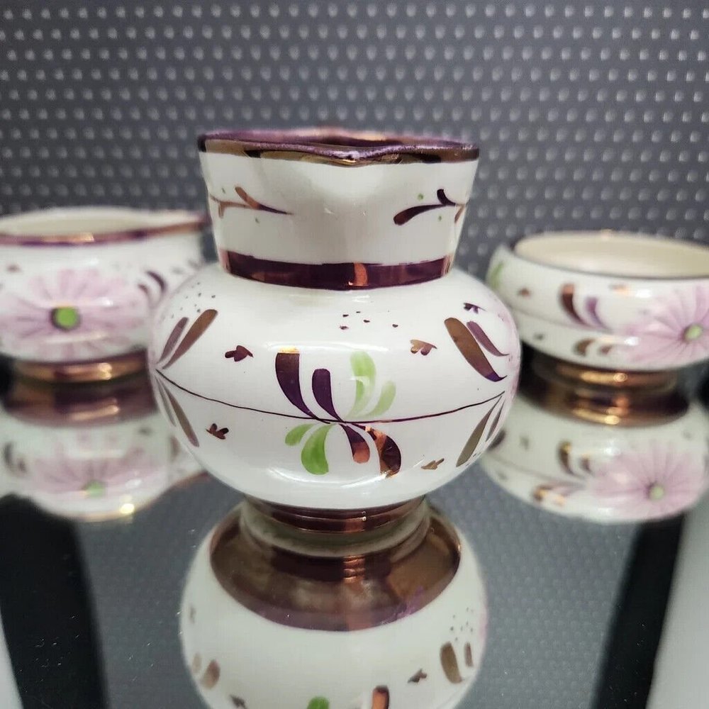 OLS1 by Old Castle Lusterware Creamer and Sugar Set, Purple and Pink, England - Picture 5 of 12